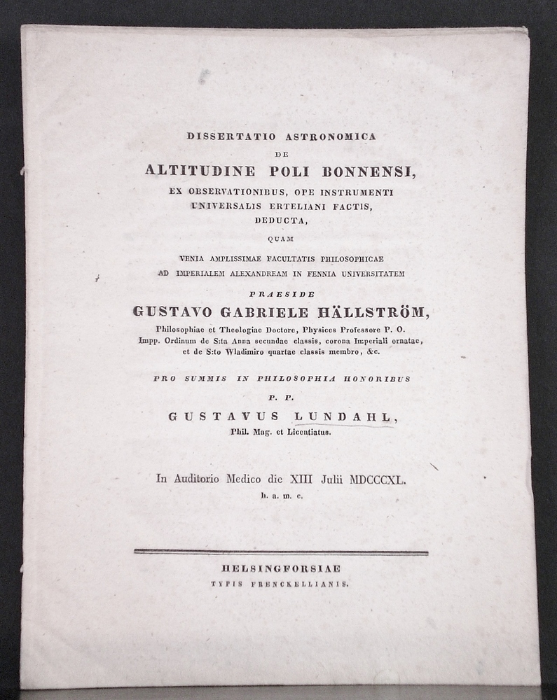 Lundahl, Gustavus: Dissertatio astronomica de altitudine poli Bonnensi, ex observationibus, ope instrumenti universalis Erteliani factis deducta