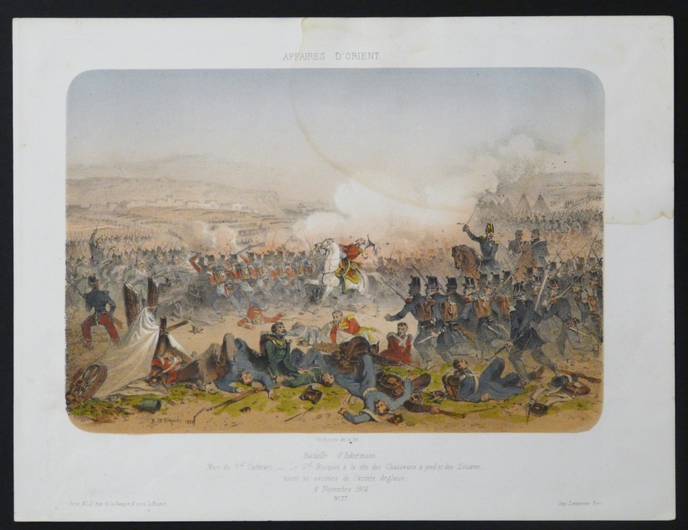 Affaires d'Orient. Bataille d'Inkermann. Mort du Gal. Cathcart - Le Gal Bosquet à a tete des Chasseurs a pied et des Zouaves vient au secours de l'armée Anglaise. 5 Novembre 1854