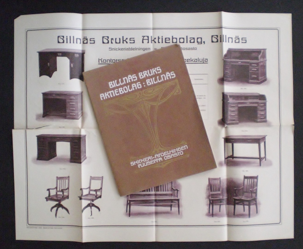 Billnäs Bruks Aktiebolag. Billnäs. Snickeri-afdelningen. Puuseppäosasto. Samt Tillägg till 1905 års möbelkatalog. Sekä Lisä 1905 vuoden huonekalu hintaluetteloon