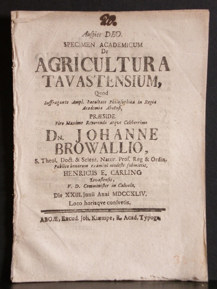 Browallius, Johannes: De agricultura Tavastensium. Resp. Henricus E(rici) Carling