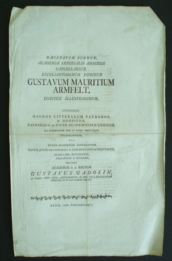 Gadolin, Gustavus: Maecenatem summum, Academiae imperialis Aboensis cancellarium, excellentissimum dominum Gustavum Mauritium Armfelt, comitem illustrissimum, ceterosque magnos litterarum patronos, & hospites, patresque ac cives academicos urbicos...