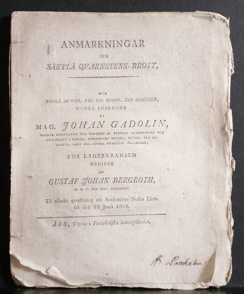 Gadolin, Johannes: Anmärkningar om Säkylä qvarnstens-brott. resp. Gustaf Johan Bergroth