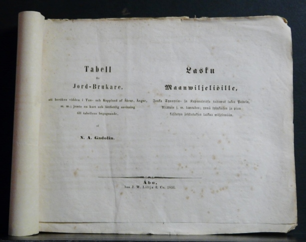 Gadolin, Nils Anders: Tabell för jord-brukare, att beräkna vidden i tun- och kappland af åkrar, ängar m.m. jemte en kort och lättfattlig anvisning till tabellens begagnande. Lasku maanviljeliöille, jonka tynnyrin- ja kapanaloista taitavat lukea peltoin, riittuin j.m...