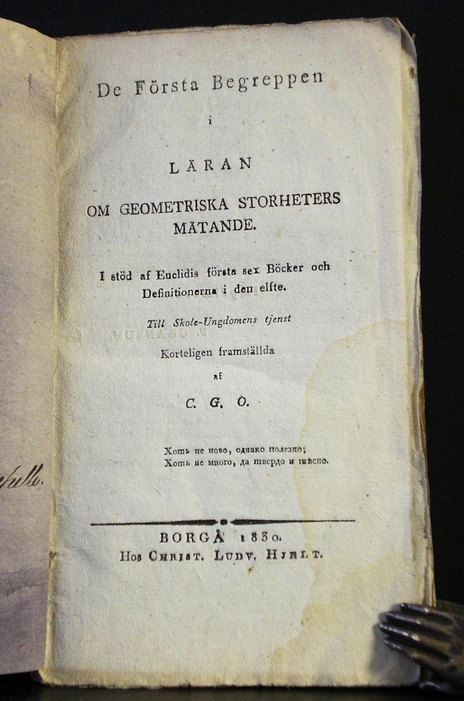 Ottelin, Carl Gustaf: De första begreppen i läran om geometriska storheters mätande. I stöd af Eulidis första sex böcker och definitionerna i den elfte. Till skole-ungdomens tjenst