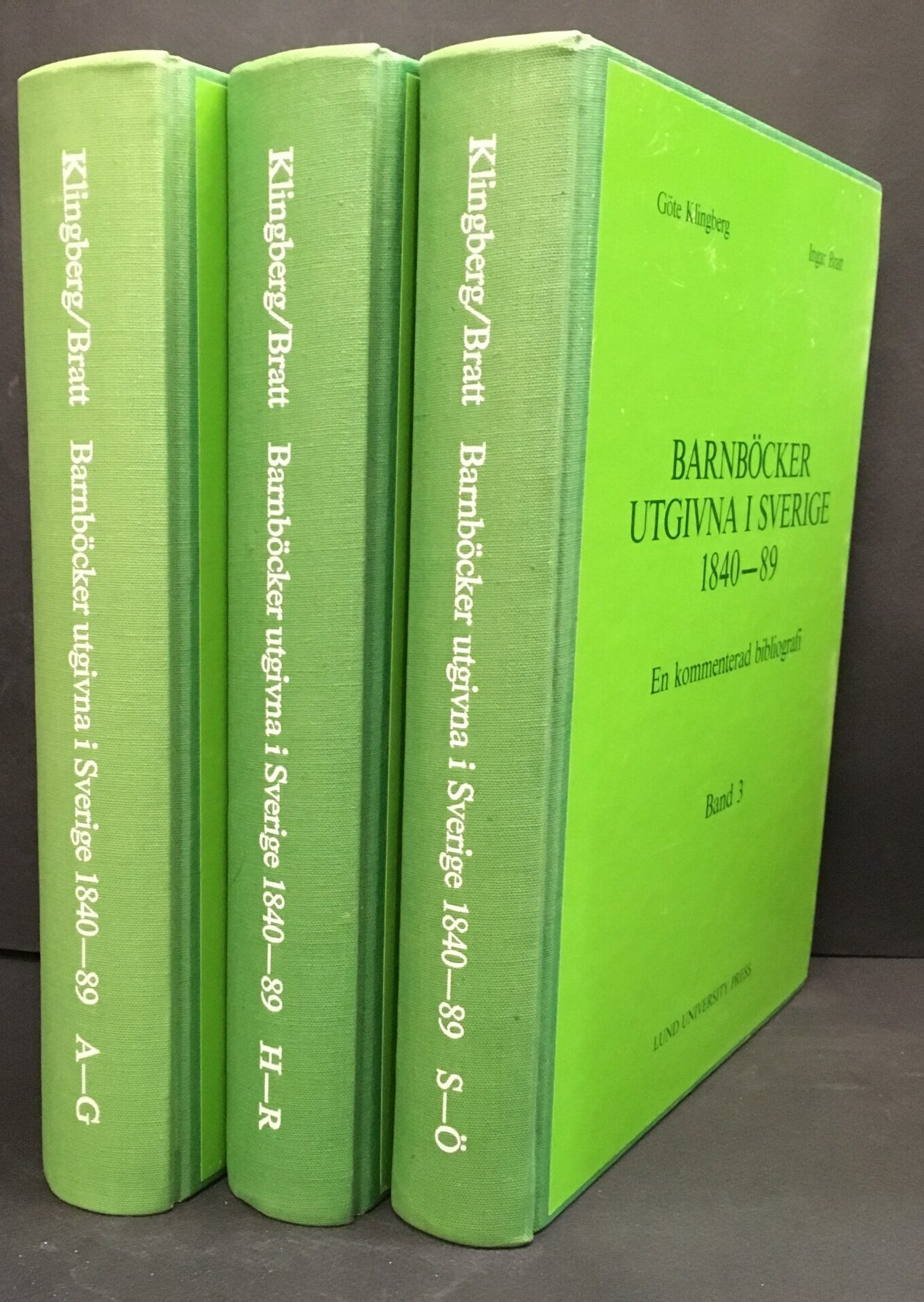 Klingberg, Göte & Bratt, Ingar "Barnböcker utgivna i Sverige 1840-89. En kommenterad bibliografi I-III"
