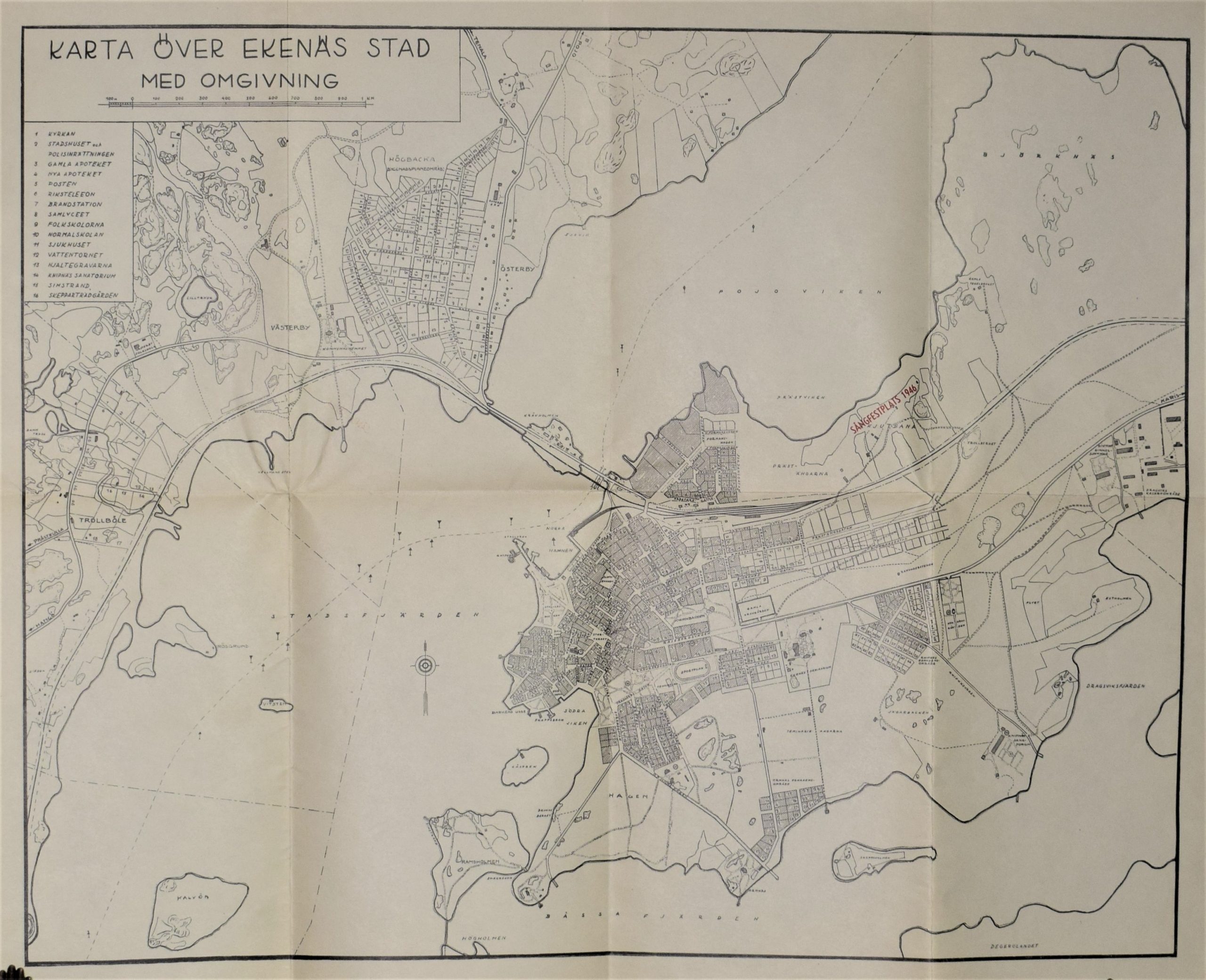 Karta över Ekenäs stad med omgivning (1946)