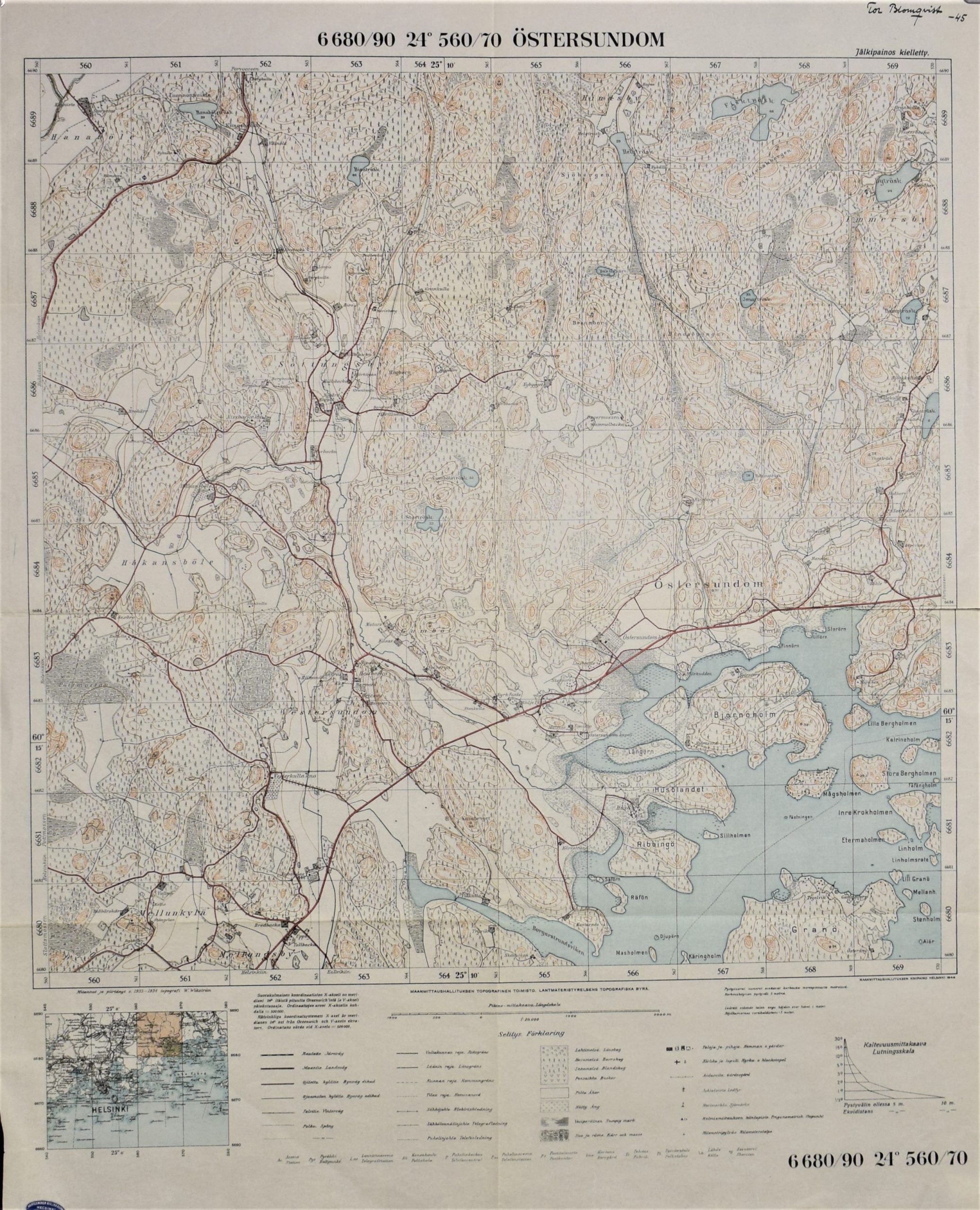 Östersundom. Topografisk karta – topografinen kartta (1944)