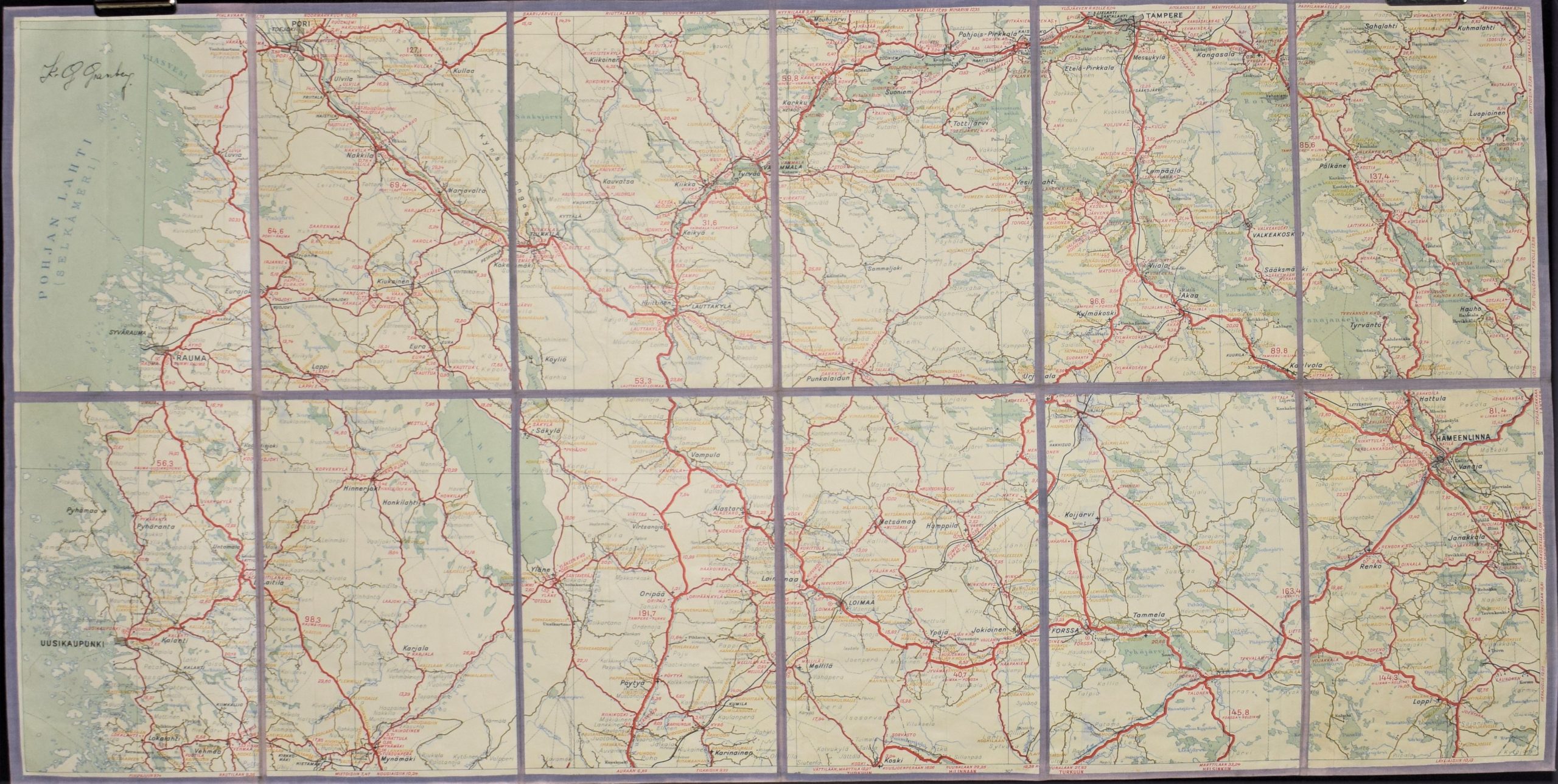 Uusikaupunki - Rauma - Tampere - Hämeenlinna - maantiekartta (1938)
